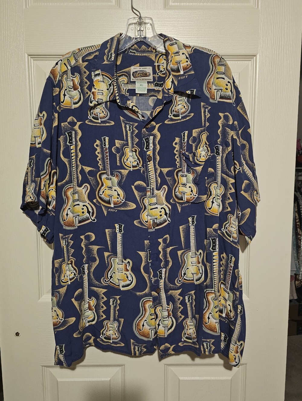 Vintage Art Of Eddy Y By Reyn Spooner Guitar Print Hawaiian Shirt Sz XL